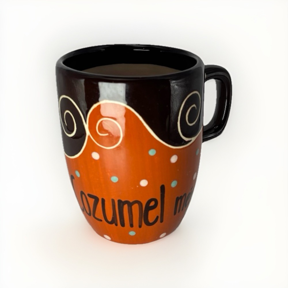 COZUMEL MEXICO BROWN/MULTI-COLOR SOUVENIR SHORT CERAMIC COFFEE MUG GLASS